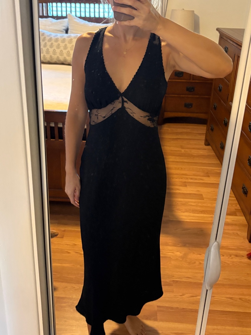 wild fable Black V-Neck Midi Dress with Sheer Waist